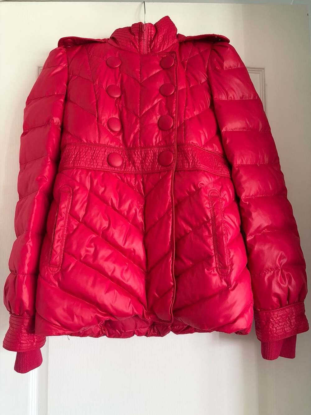 Juicy Couture Puffer Jacket Satin Red Quilted Faux Fur Hooded Down Womens Size S